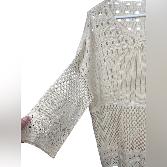 Knit lace cream crochet vneck summer sweater, L, long, Boho Hippie Beach Vibe - Picture 3 of 6